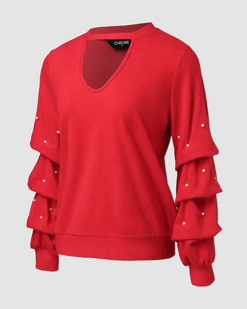 Keyhole Neck Hollow Out Contrast Lace Top red