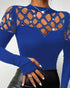 Metal Ring Decor Round Neck Hollow-out Long Sleeve Top Slim Fit Stretchy Layering Top with Thumb Hole Cuffs blue