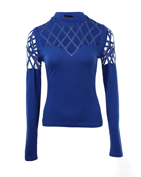 Metal Ring Decor Round Neck Hollow-out Long Sleeve Top Slim Fit Stretchy Layering Top with Thumb Hole Cuffs blue