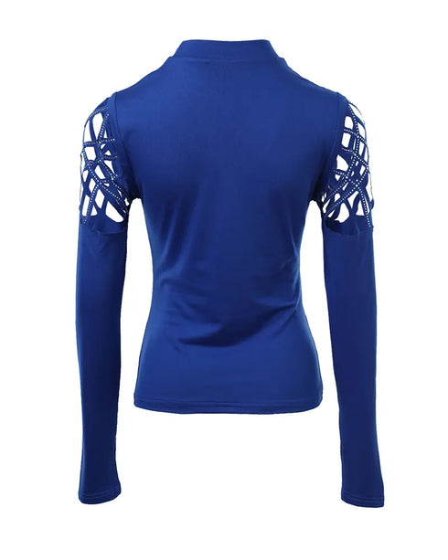 Metal Ring Decor Round Neck Hollow-out Long Sleeve Top Slim Fit Stretchy Layering Top with Thumb Hole Cuffs blue