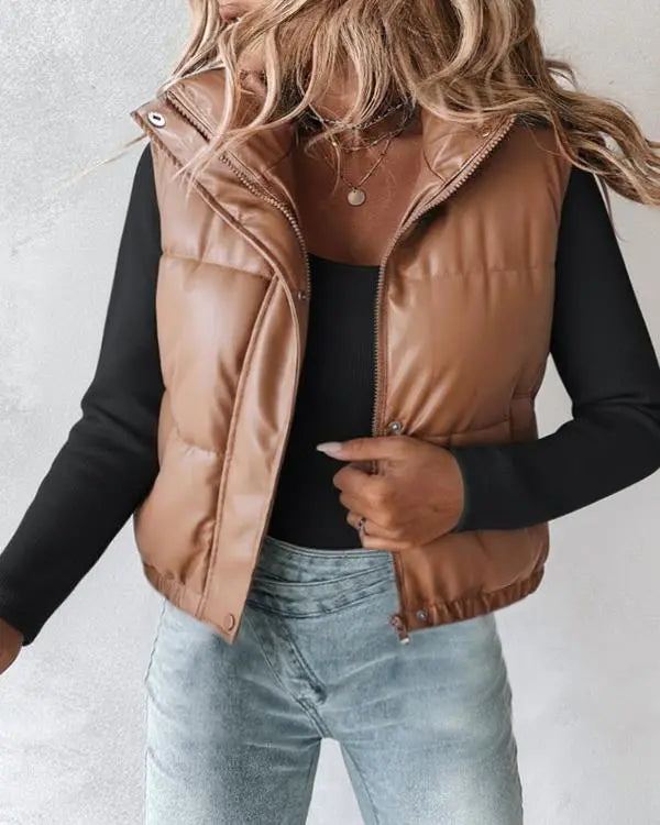 PU Leather High Neck Zip Up Double Snap Buttons Front Vest Casual Stretchy Hem Crop Padded Coat coffee