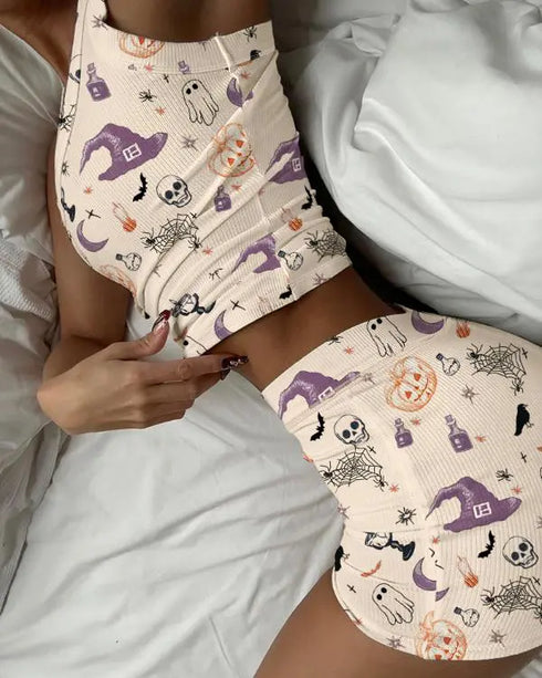 2 Pieces Outfit Bowknot Decor Notch Neck Adjustable Straps Ruffles Camisole Top and Elastic Waist Shorts Set Casual Ditsy Floral Print Frill Trim Jacquard Textured Pajamas Set Apricot