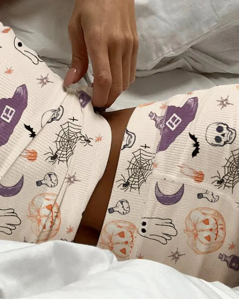 2 Pieces Outfit Graphic Print U-Neck Tank Top and Elastic Waist Shorts Set Casual Ribbed Pajamas Set Apricot