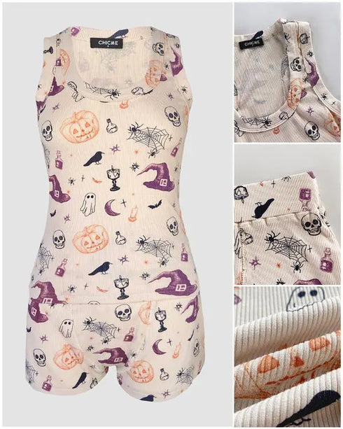 2 Pieces Outfit Floral Print U-Neck Tank Top and Elastic Waist Shorts Set Slim Fit Ribbed Set Apricot