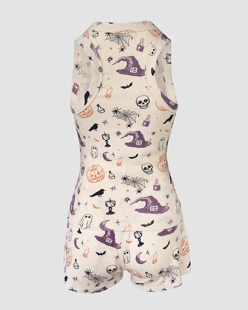 2 Pieces Outfit Floral Print U-Neck Tank Top and Elastic Waist Shorts Set Slim Fit Ribbed Set Apricot