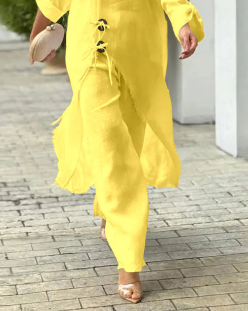 2 Pieces Outfit Button Decor One Shoulder Turn-Up Sleeves Slit Raw Edges Top and Casual Drawstring Elastic Waist Wide Leg Pants Set yellow