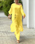 2 Pieces Outfit Button Decor One Shoulder Turn-Up Sleeves Slit Raw Edges Top and Casual Drawstring Elastic Waist Wide Leg Pants Set yellow