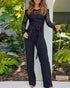 Metal Decor Scallop Trim V-Neck Lace Overlay Jumpsuit Casual Lace Long Sleeve Zipper Back Jumpsuit black