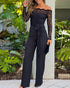 Rhinestone Decor Scallop Trim Deep V-Neck Floral Lace Spliced Overalls High Waist Zipper Back Straight Leg Jumpsuit with Belt black
