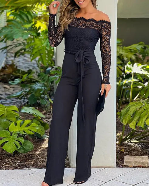 Off Shoulder Long Sleeve Eyelash Lace Spliced Slim Fit Overalls Casual Zipper Back Jumpsuit with Belt black