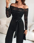 Rhinestone Decor Scallop Trim Deep V-Neck Floral Lace Spliced Overalls High Waist Zipper Back Straight Leg Jumpsuit with Belt black