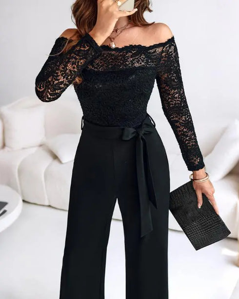 Off Shoulder Long Sleeve Eyelash Lace Spliced Slim Fit Overalls Casual Zipper Back Jumpsuit with Belt black