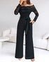 Metal Decor Scallop Trim V-Neck Lace Overlay Jumpsuit Casual Lace Long Sleeve Zipper Back Jumpsuit black