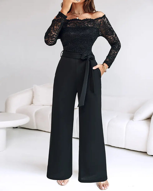 Rhinestone Decor Scallop Trim Deep V-Neck Floral Lace Spliced Overalls High Waist Zipper Back Straight Leg Jumpsuit with Belt black