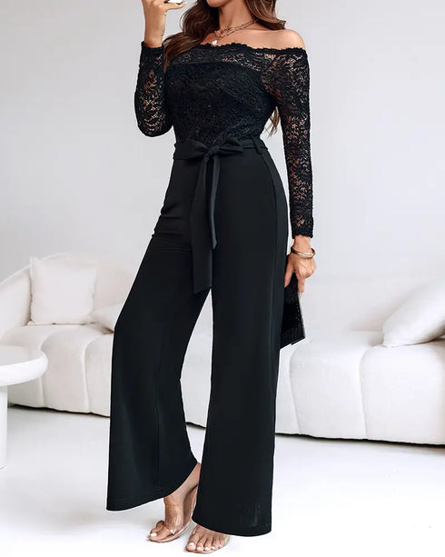 Off Shoulder Long Sleeve Eyelash Lace Spliced Slim Fit Overalls Casual Zipper Back Jumpsuit with Belt black