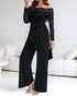 Rhinestone Decor Scallop Trim Deep V-Neck Floral Lace Spliced Overalls High Waist Zipper Back Straight Leg Jumpsuit with Belt black