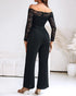 Rhinestone Decor Scallop Trim Deep V-Neck Floral Lace Spliced Overalls High Waist Zipper Back Straight Leg Jumpsuit with Belt black