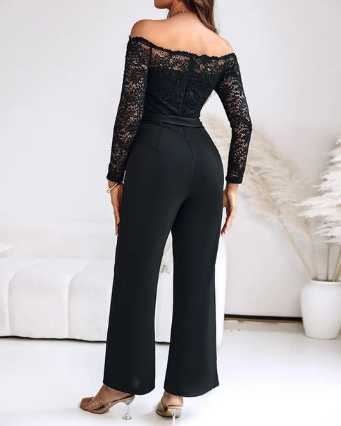Off Shoulder Long Sleeve Eyelash Lace Spliced Slim Fit Overalls Casual Zipper Back Jumpsuit with Belt black