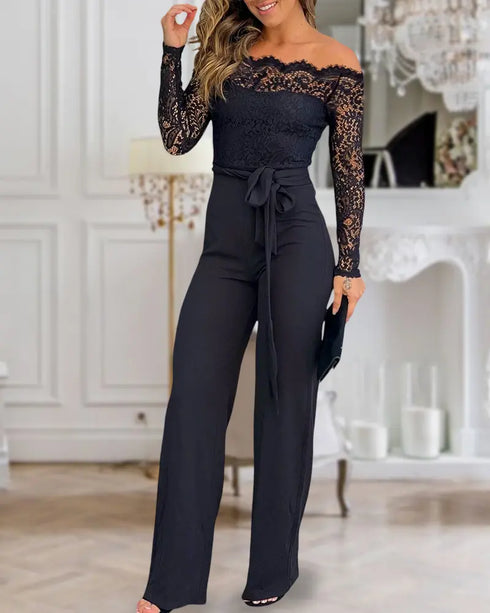 Rhinestone Decor Scallop Trim Deep V-Neck Floral Lace Spliced Overalls High Waist Zipper Back Straight Leg Jumpsuit with Belt black