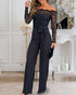 Rhinestone Decor Scallop Trim Deep V-Neck Floral Lace Spliced Overalls High Waist Zipper Back Straight Leg Jumpsuit with Belt black