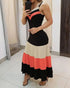 Spaghetti Strap Colorblock Ruched Ruffles Maxi Dress black