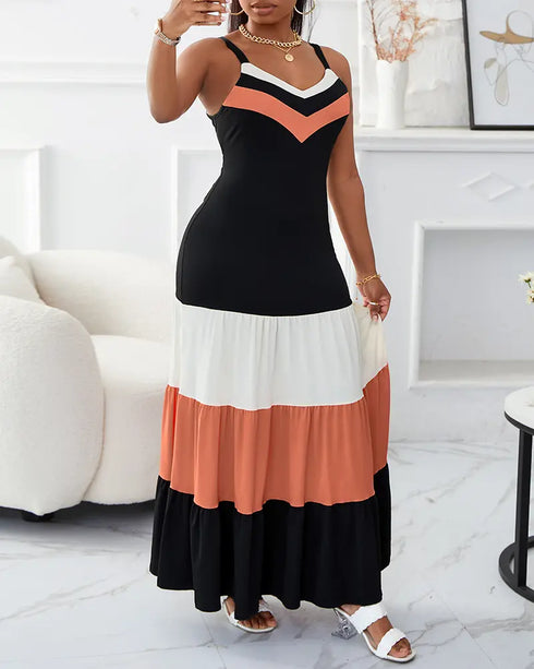 Spaghetti Strap Colorblock Ruched Ruffles Maxi Dress black