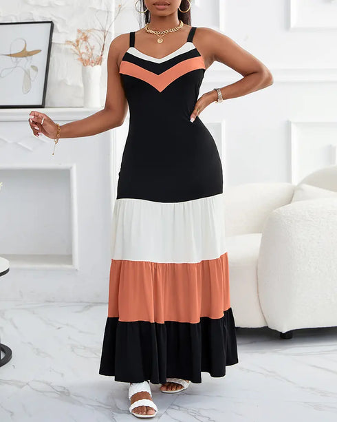 Spaghetti Strap Colorblock Ruched Ruffles Maxi Dress black