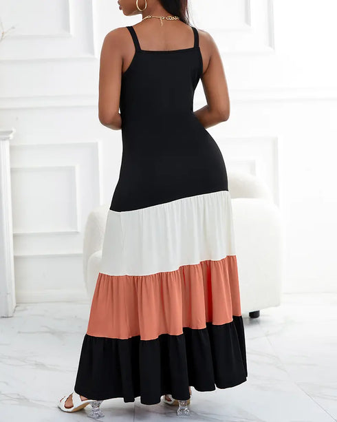 Spaghetti Strap Colorblock Ruched Ruffles Maxi Dress black