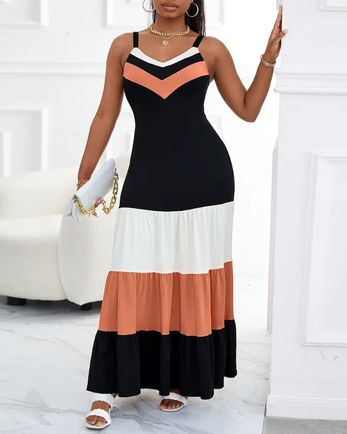 Spaghetti Strap Colorblock Ruched Ruffles Maxi Dress black