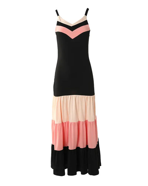 Spaghetti Strap Colorblock Ruched Ruffles Maxi Dress black