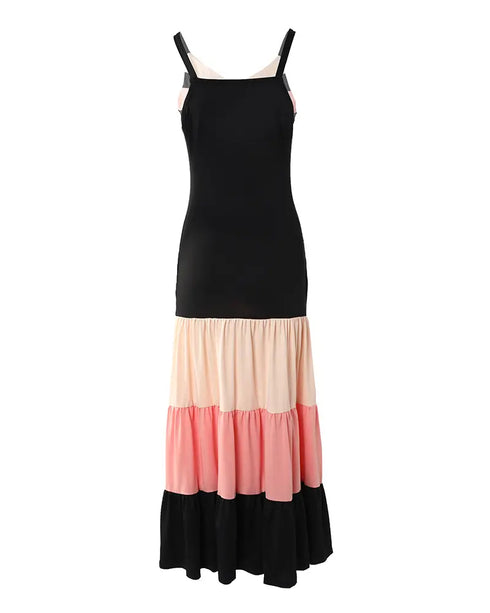Spaghetti Strap Colorblock Ruched Ruffles Maxi Dress black