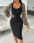 Square Neck Sequin & Tassel Decor Mesh Sleeve Bodycon Dress Zipper Back Party Dress black