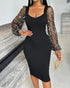 Square Neck Sequin & Tassel Decor Mesh Sleeve Bodycon Dress Zipper Back Party Dress black