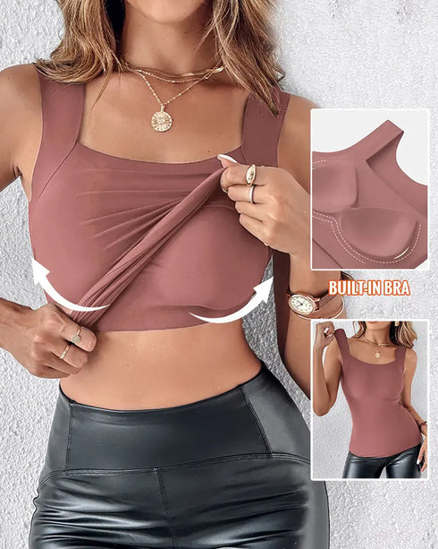U-Neck Sleeveless Tank Seamless Skinny Layering Top with Built-In Bra red bean