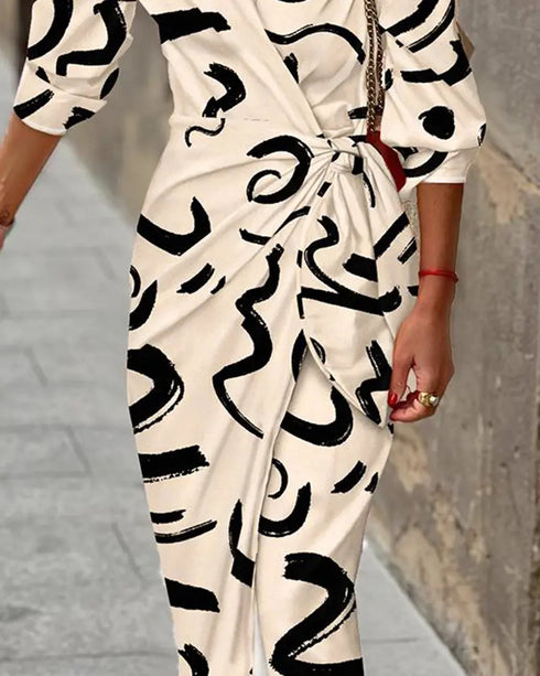 Abstract Print Turn-down Collar Tied Detail Ruched Dress Casual Wrap Front Vacation Dress Apricot
