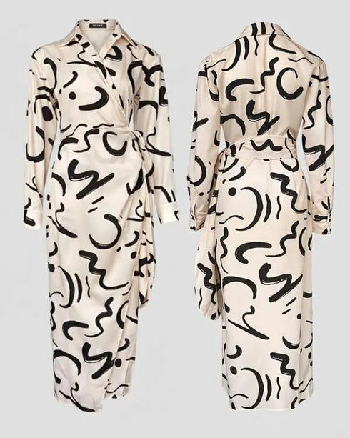 Abstract Print Turn-down Collar Tied Detail Ruched Dress Casual Wrap Front Vacation Dress Apricot
