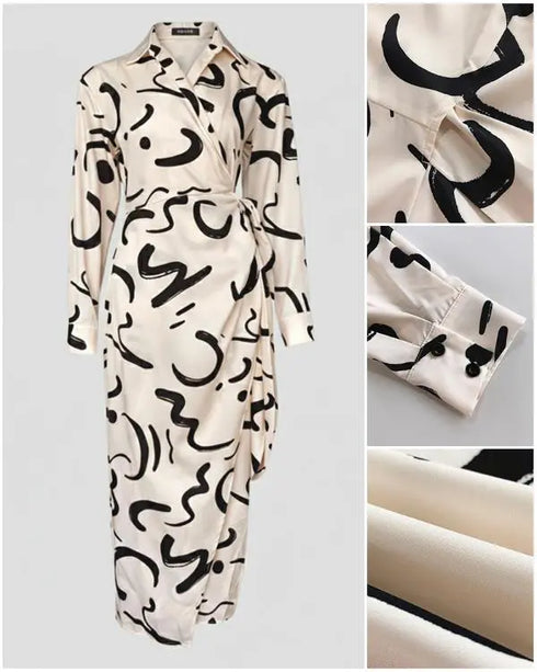 All Over Print Turn-down Collar Tied Detail Dress Casual Ruched Wrap Front Vacation Dress Apricot