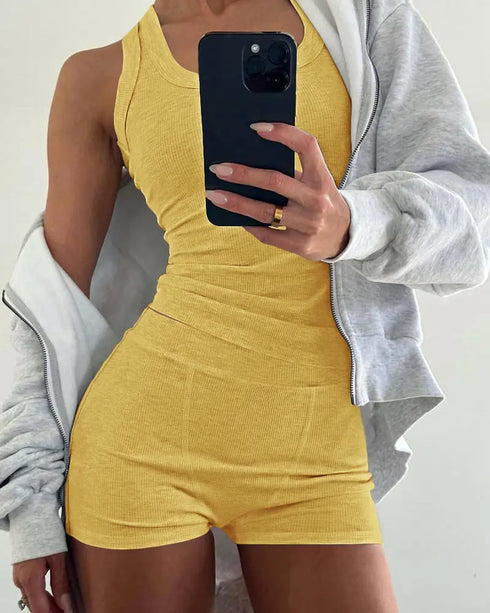 2PCS Micro-Ribbed U-Neck Tank Top & Boxer Set Cozy Loungewear yellow