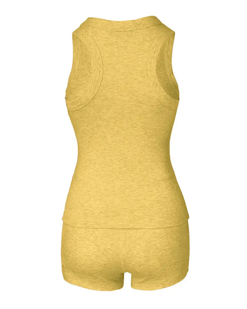 2 Pieces Outfit Floral Print U-Neck Tank Top and Elastic Waist Shorts Set Slim Fit Ribbed Set yellow
