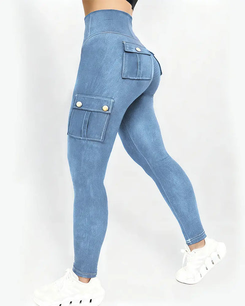 Zipper Pocket Slim Fit Yoga Pants Casual High Waist Workout Pants Lighted Blue