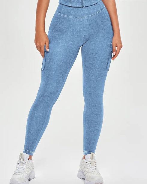 Zipper Pocket Slim Fit Yoga Pants Casual High Waist Workout Pants Lighted Blue