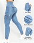 High Waist Tummy Control Butt Lifting Denim Look Leggings Stretchy Yoga Pants with Flap Pockets Lighted Blue
