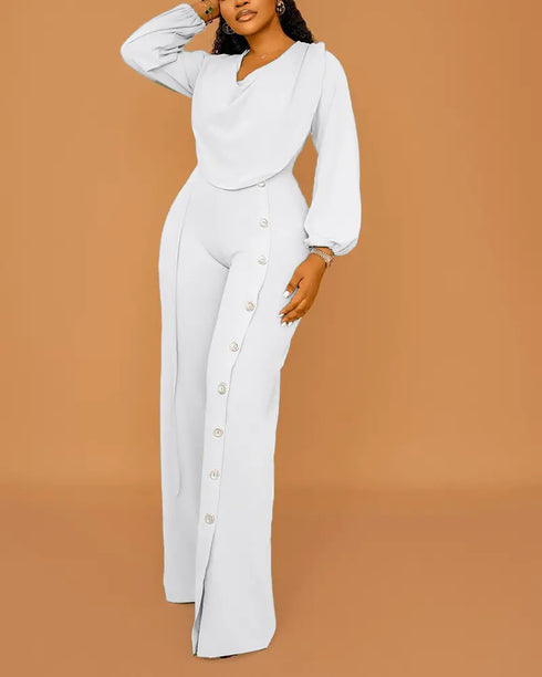 Long Sleeve Cowl Neck Elegant Jumpsuit Casual Wide Leg Button Decor Slit Romper white