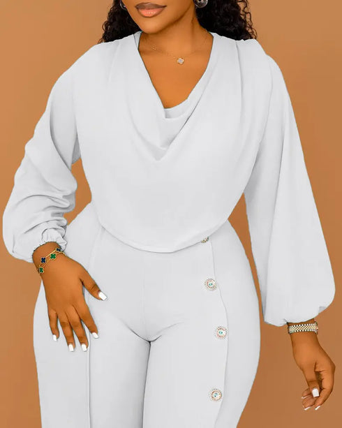 Long Sleeve Cowl Neck Elegant Jumpsuit Casual Wide Leg Button Decor Slit Romper white