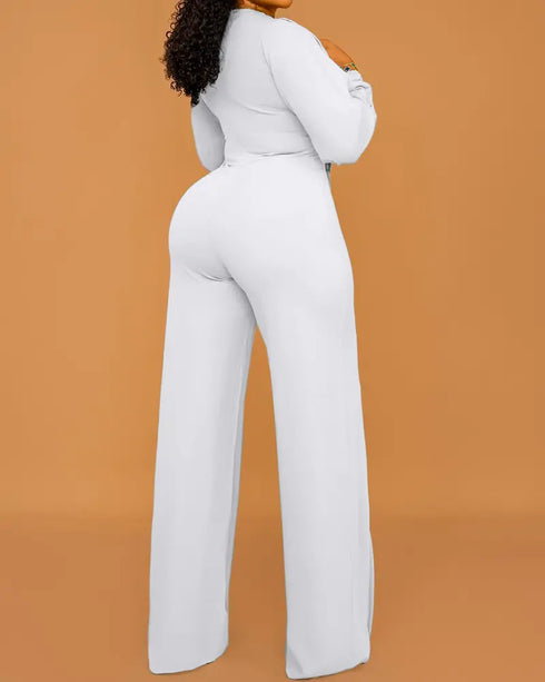 Long Sleeve Cowl Neck Elegant Jumpsuit Casual Wide Leg Button Decor Slit Romper white
