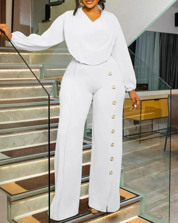 Long Sleeve Cowl Neck Elegant Jumpsuit Casual Wide Leg Button Decor Slit Romper white