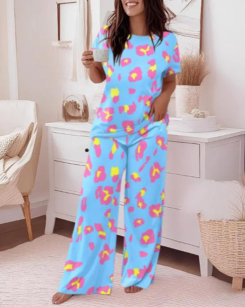 2 Pieces Outfit Letter Print & Leopard Heart Pattern Short Sleeve Top and Leopard Print Elastic Waist Pants Set Casual Pajamas Set Multicolor