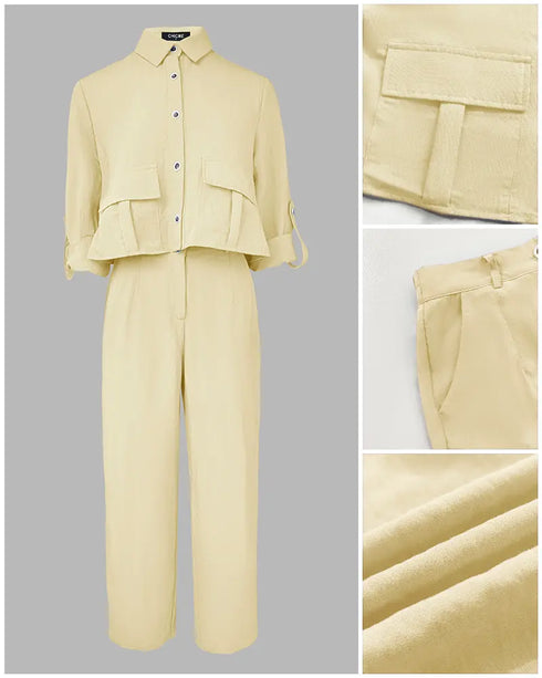 2 Pieces Outfit Turn-down Collar Turn-Up Sleeves Button Front Flap Pockets Design Top and Causal Zipper Fly Elastic Back Waist Wide Leg Pants Set Apricot