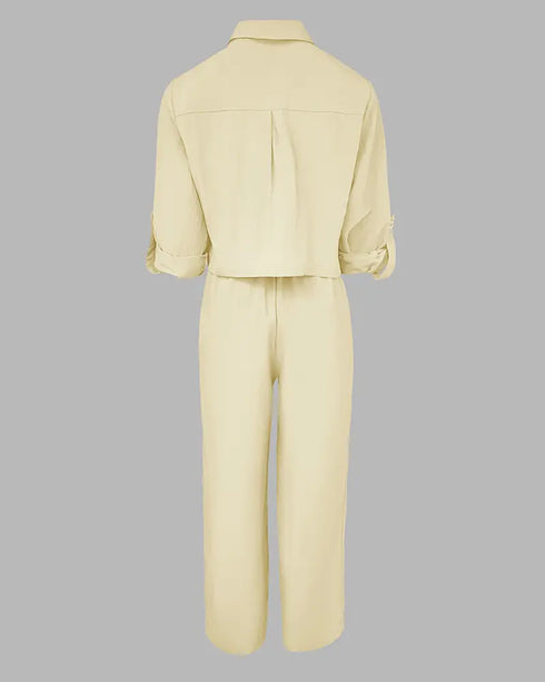 2 Pieces Outfit Turn-down Collar Turn-Up Sleeves Button Front Flap Pockets Design Top and Causal Zipper Fly Elastic Back Waist Wide Leg Pants Set Apricot