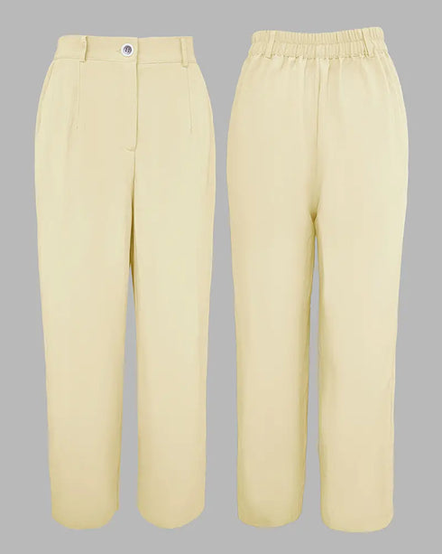 2 Pieces Outfit Turn-down Collar Turn-Up Sleeves Button Front Flap Pockets Design Top and Causal Zipper Fly Elastic Back Waist Wide Leg Pants Set Apricot